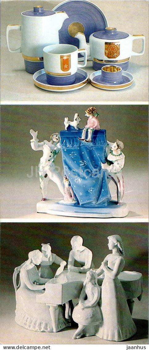 tea set - puppet show - sculptural group porcelain and faience - applied art - Russian art - 1984 - Russia USSR - unused - JH Postcards
