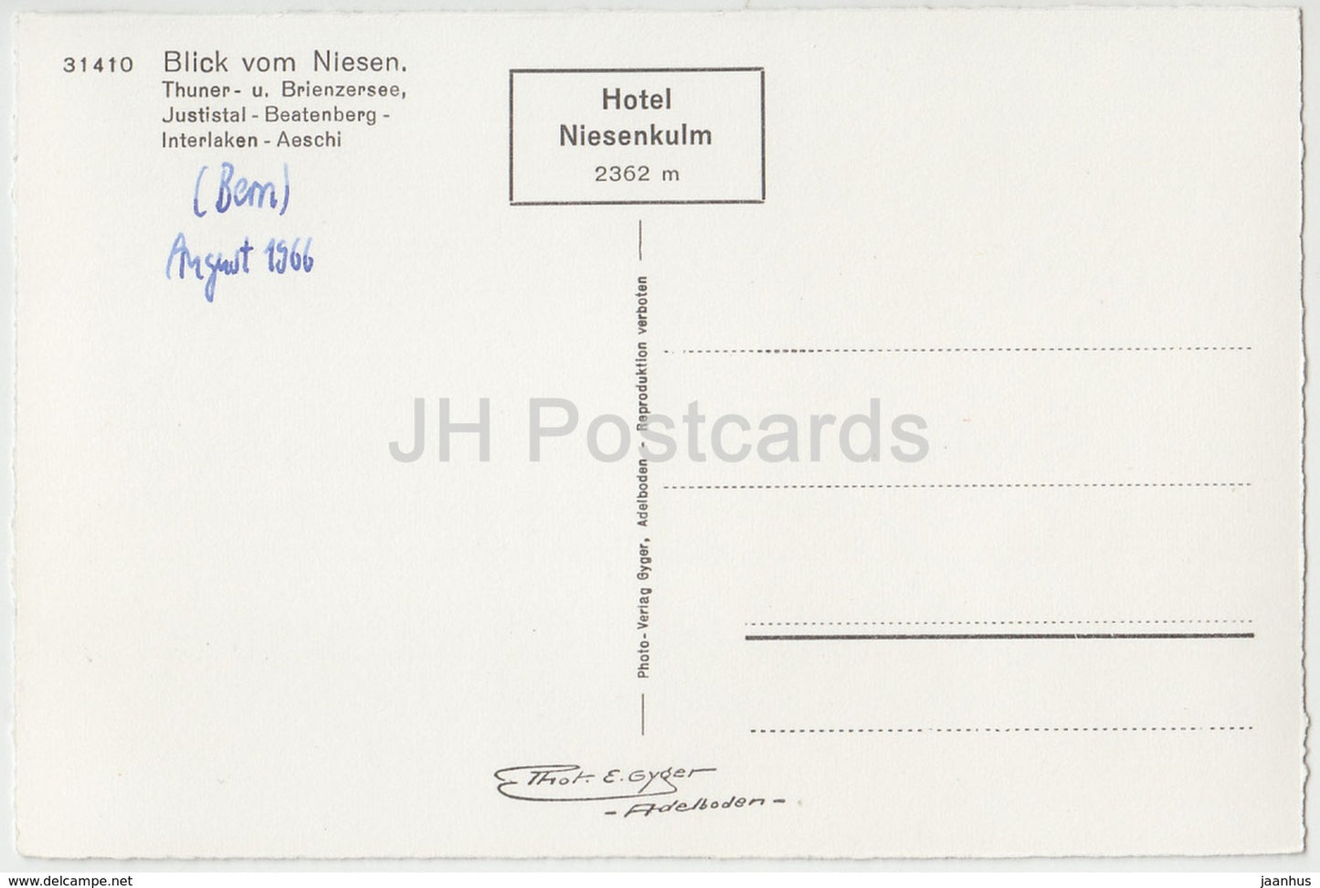 Blick vom Niesen - Thuner- u. Brienzersee - Justistal - Beatenberg - Interlaken - 31410 - Suisse - 1966 - occasion