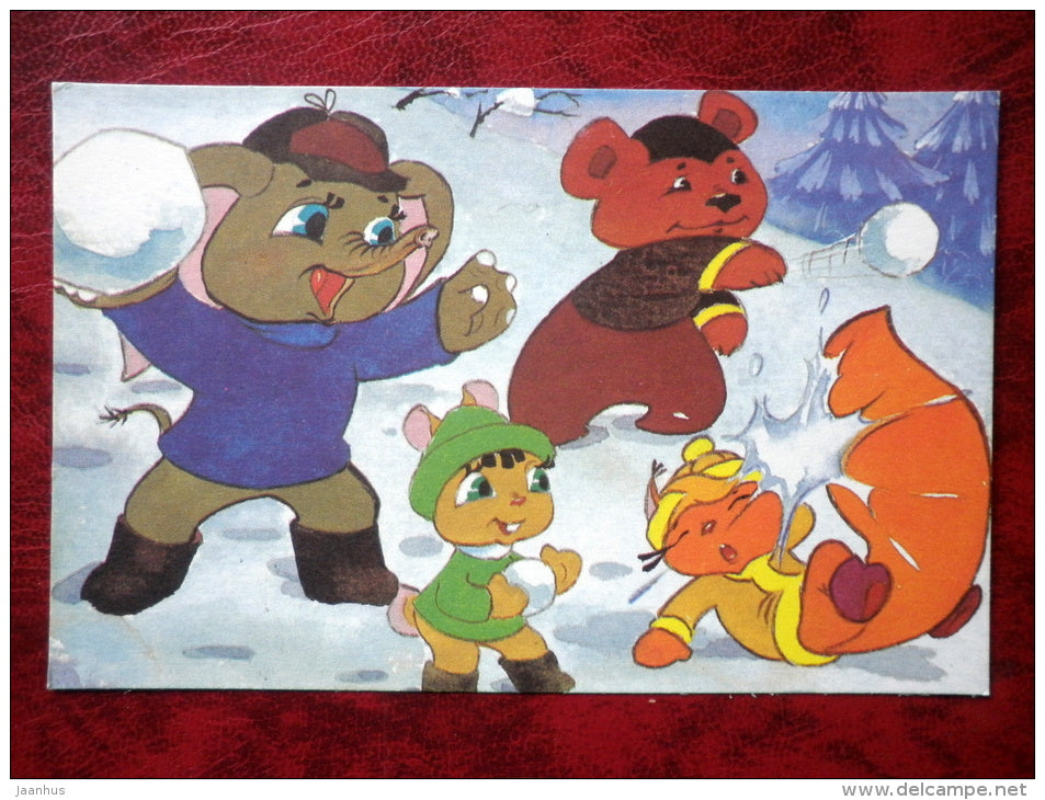 Come and Visit by L. L. Kayukov,  cartoon cards - elephant - bear - squirrel - hare - 1988 - Russia - USSR - unused - JH Postcards