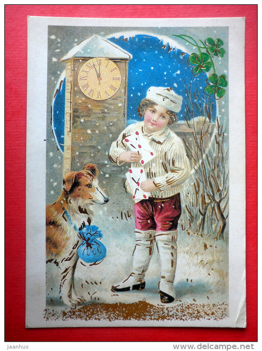 New Year Greeting Card - boy - dog - clock - 284 - Sweden - sent from Finland to Estonia USSR 1987 - JH Postcards