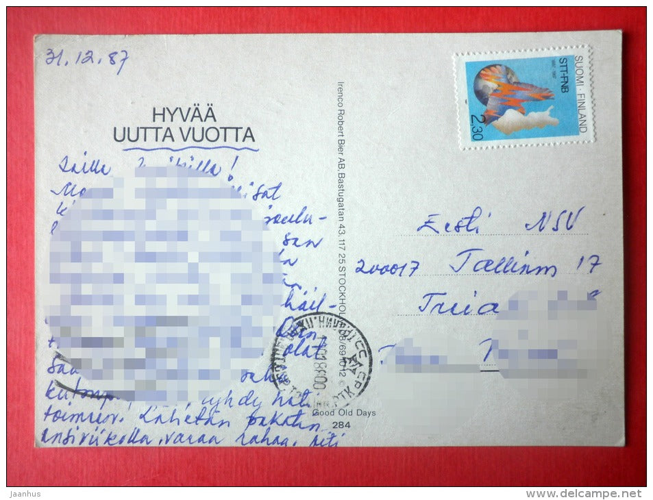 New Year Greeting Card - boy - dog - clock - 284 - Sweden - sent from Finland to Estonia USSR 1987 - JH Postcards