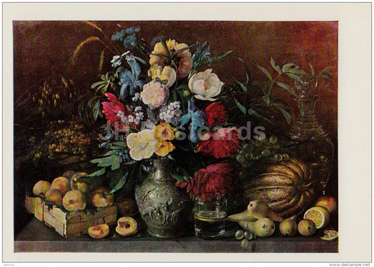 painting by I. Khrutsky - Flowers and Fruits , 1836 - pear - peach - flowers - Russian art - 1975 - Russia USSR - unused - JH Postcards