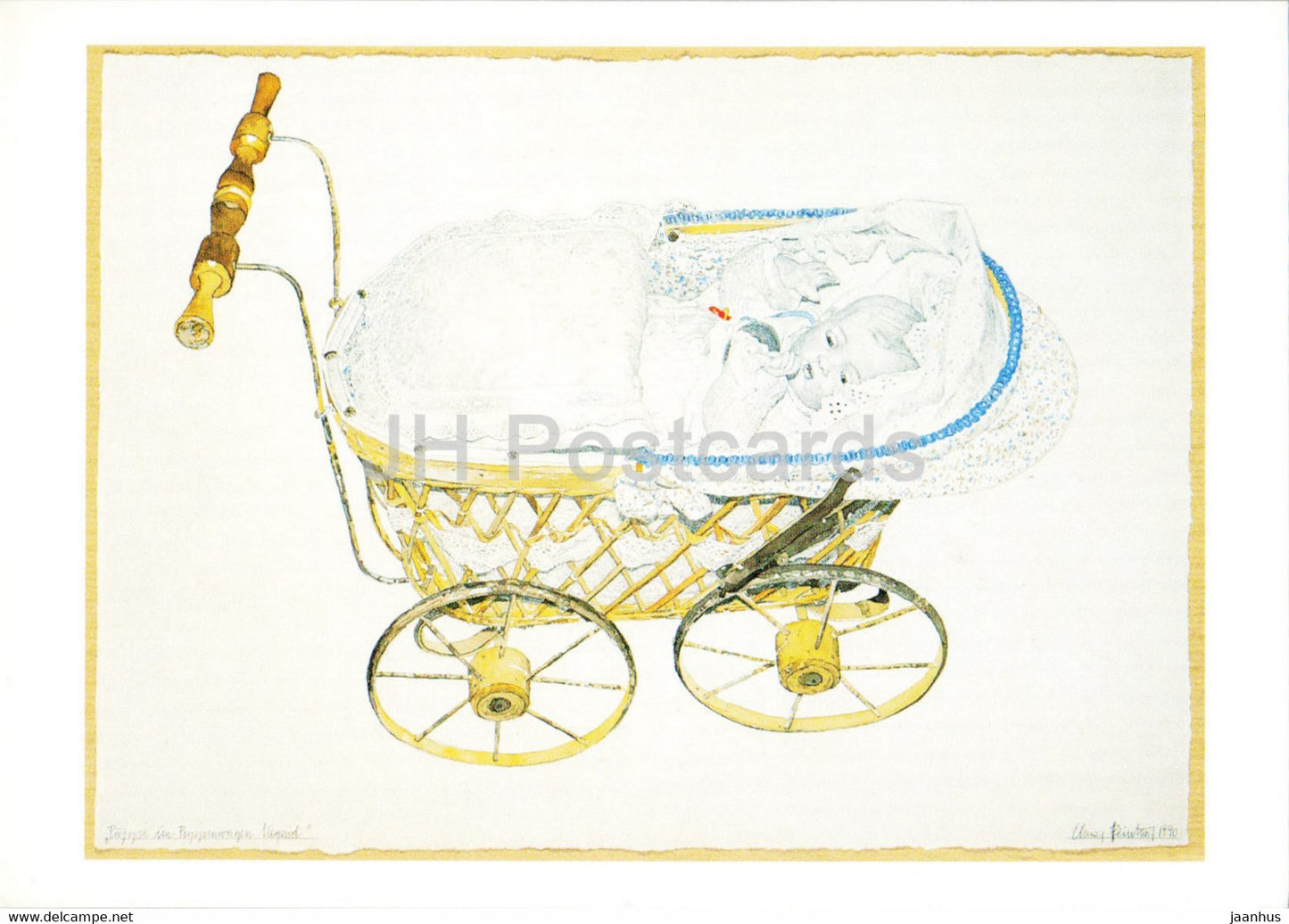 drawing by Elmar Peintner - Puppe im Puppenwagen liegend - stroller - baby - German art - Germany - unused - JH Postcards
