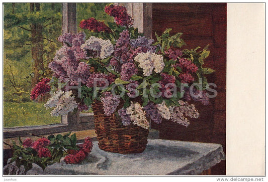 painting by P. Konchalovsky - Lilac by the Window - flowers - basket - Russian art - 1952 - Russia USSR - unused - JH Postcards