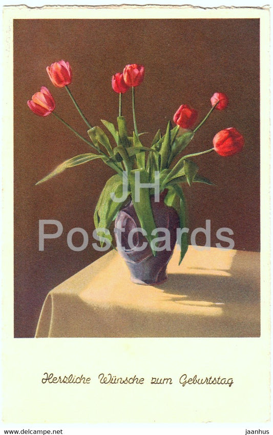 Birthday Greeting Card - Herzliche Wunsche zum Geburtstag - flowers - tulips - old postcard - Switzerland - used - JH Postcards
