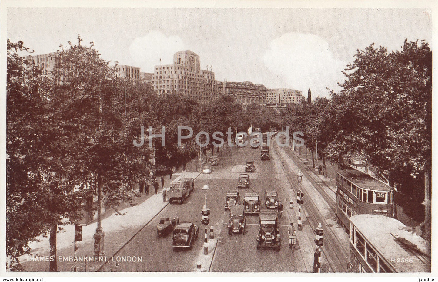 London - Thames Embankment - tram - car - Valentine - 2566 - old postcard - England - United Kingdom - unused - JH Postcards