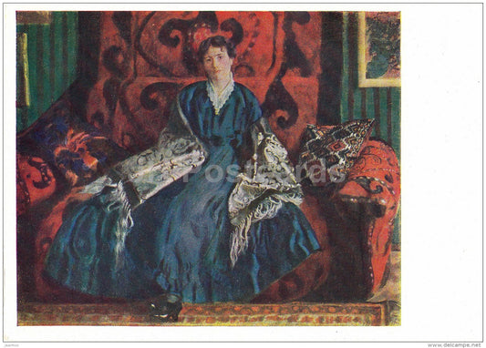 painting by B. Kustodiev - Portrait of Y. Kustodieva , 1920 - woman - Russian Art - 1963 - Russia USSR - unused - JH Postcards