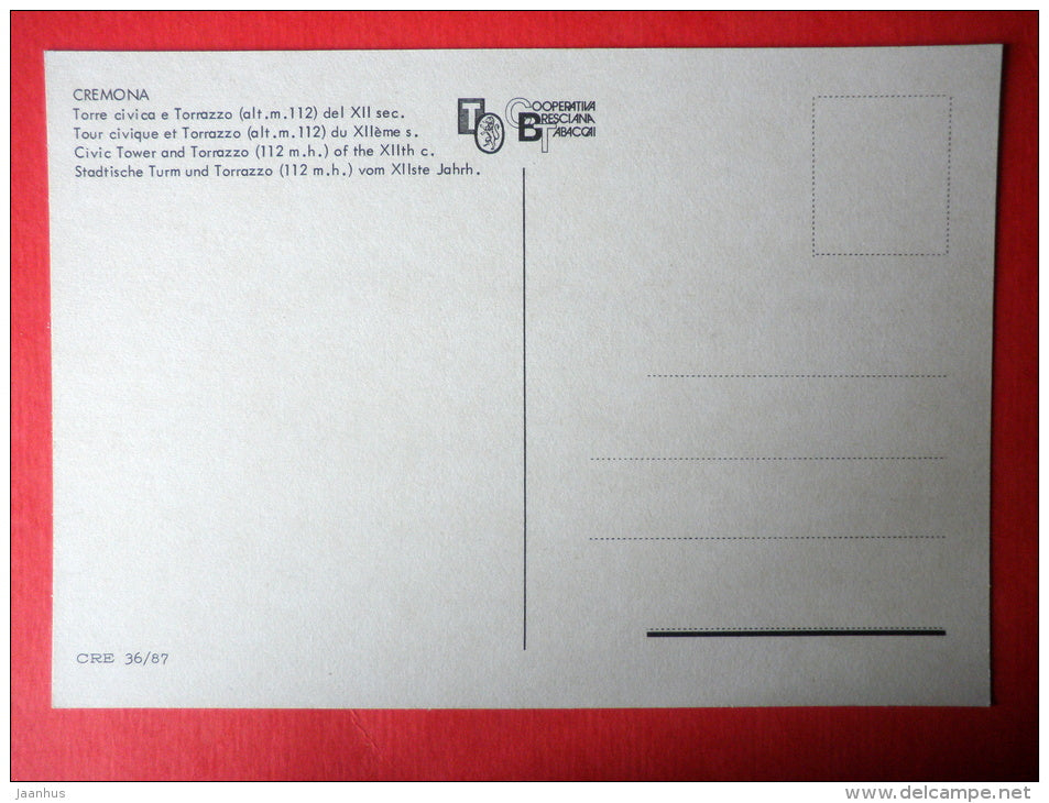 Civic Tower and Torrazzo , XII century - Cremona - Italy - unused - JH Postcards