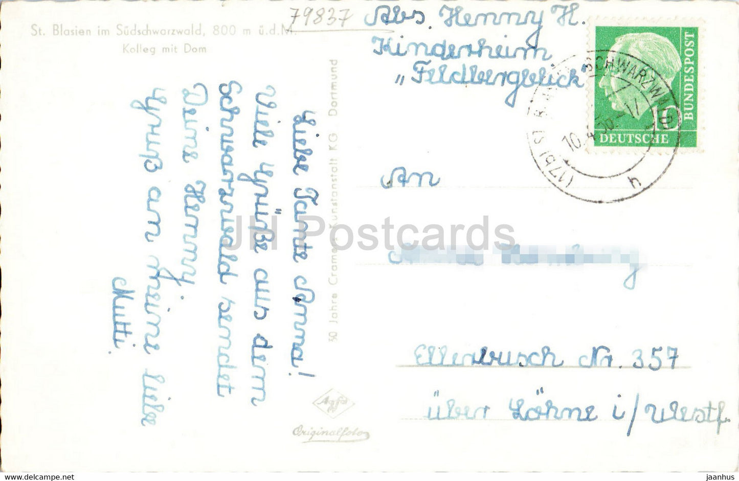 St Blasien 800 m - Kolleg mit Dom - cathedral - old postcard - 1956 - Germany - used