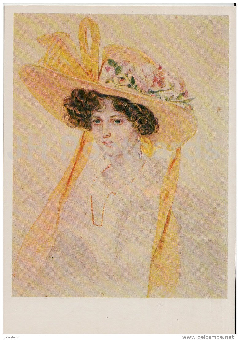 painting by P. Sokolov - Portrait of O. Ferzen , 1830s - woman - hat - Russian art - 1985 - Russia USSR - unused - JH Postcards