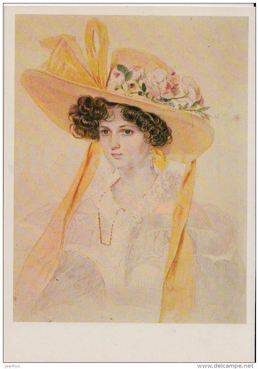 painting by P. Sokolov - Portrait of O. Ferzen , 1830s - woman - hat - Russian art - 1985 - Russia USSR - unused - JH Postcards