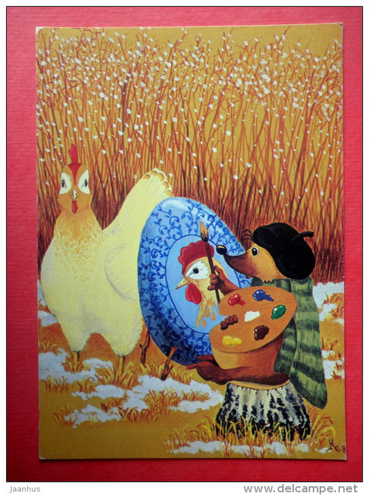 Easter Greeting Card by Mantsi Rapeli - chicken - egg - Finland - circulated in Finland - JH Postcards