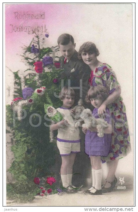 christmas greeting card - christmas tree - children - dog - family - YAS 888 - circulated in Estonia 1930 Luunja - JH Postcards