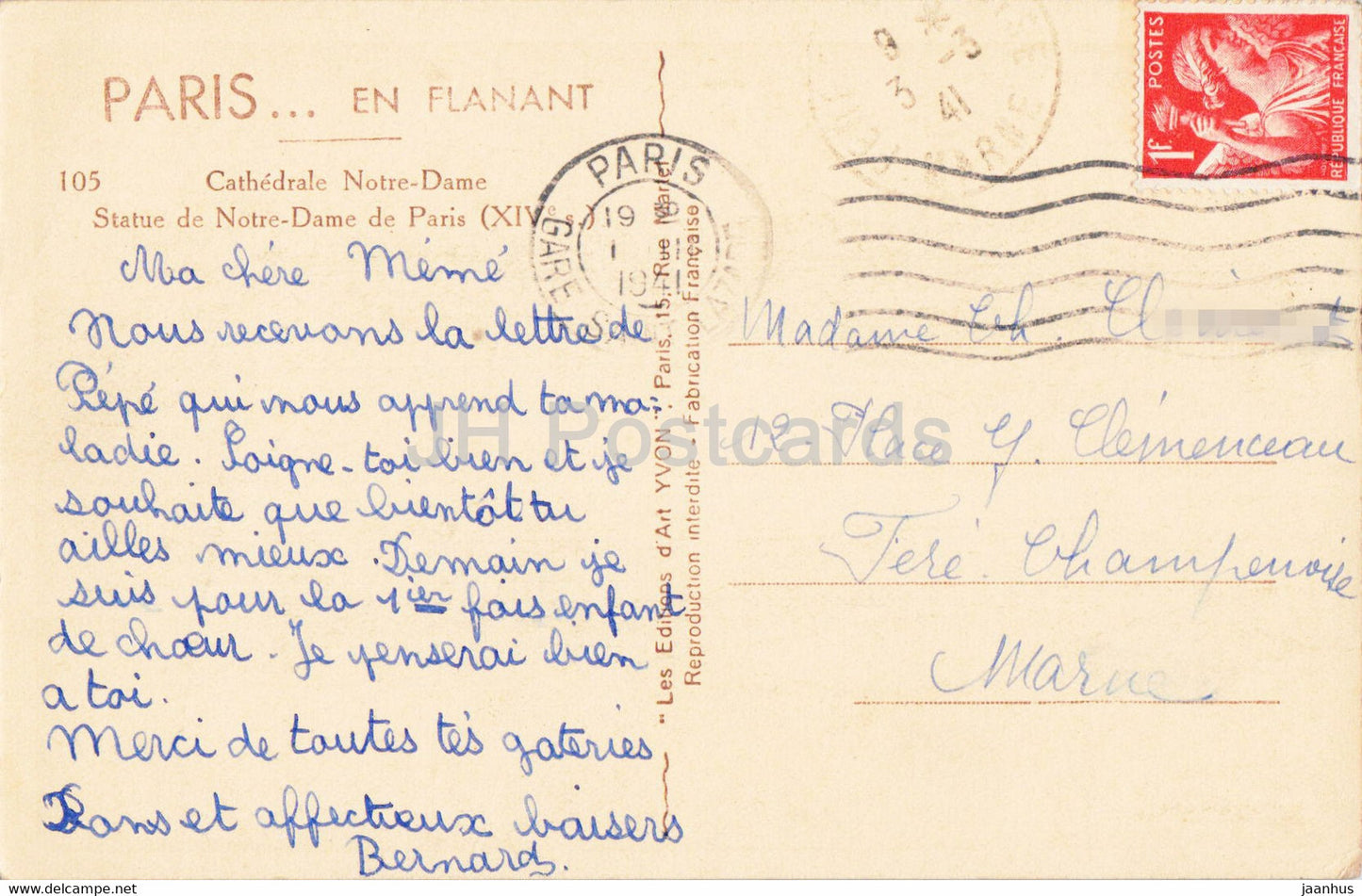 Paris - Cathedrale Notre Dame - Statue de Notre Dame de Paris - 105 - old postcard - 1941 - France - used