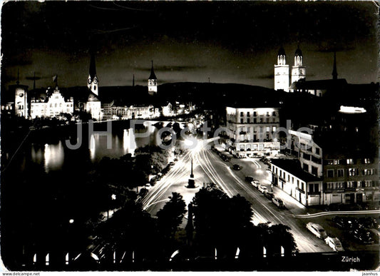 Zurich - night view - 323 - old postcard - Switzerland - used - JH Postcards