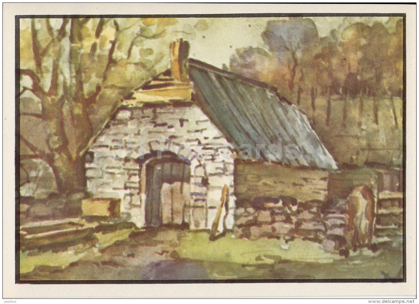 illustration by K. Tihase - Summer Chamber - Muhu - Koguva - Estonian farm buildings - 1974 - Estonia USSR - unused - JH Postcards