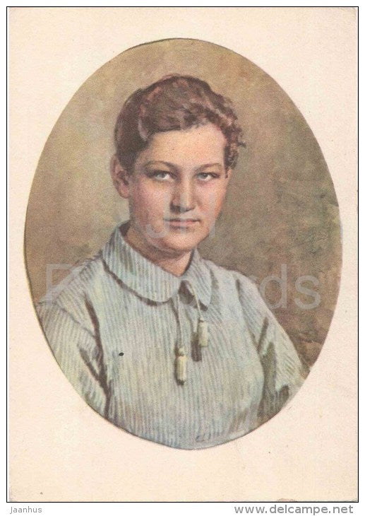 painting by S. Bondar - Portrait of Zoya Kosmodemyanskaya - Heroe of the Soviet Union - russian art  - unused - JH Postcards