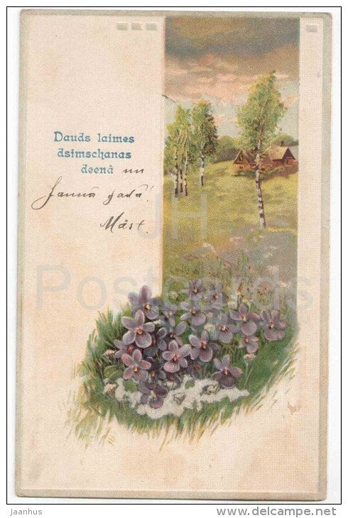 Birthday Greeting Card - flowers - birch trees - house - 3587 - circulated in Imperial Russia Latvia Riga Reval 1912-13 - JH Postcards