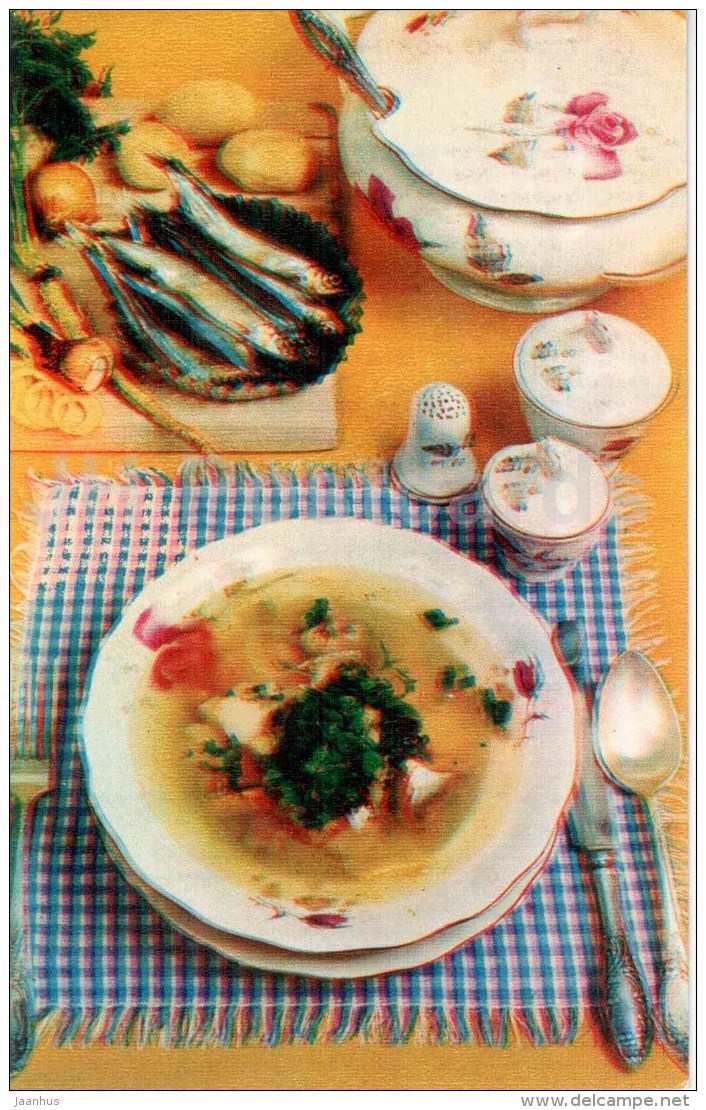 Capelin Ukha - fish soup - onion - Ocean Gifts - dishes - cuisine - 1981 - Russia USSR - unused - JH Postcards
