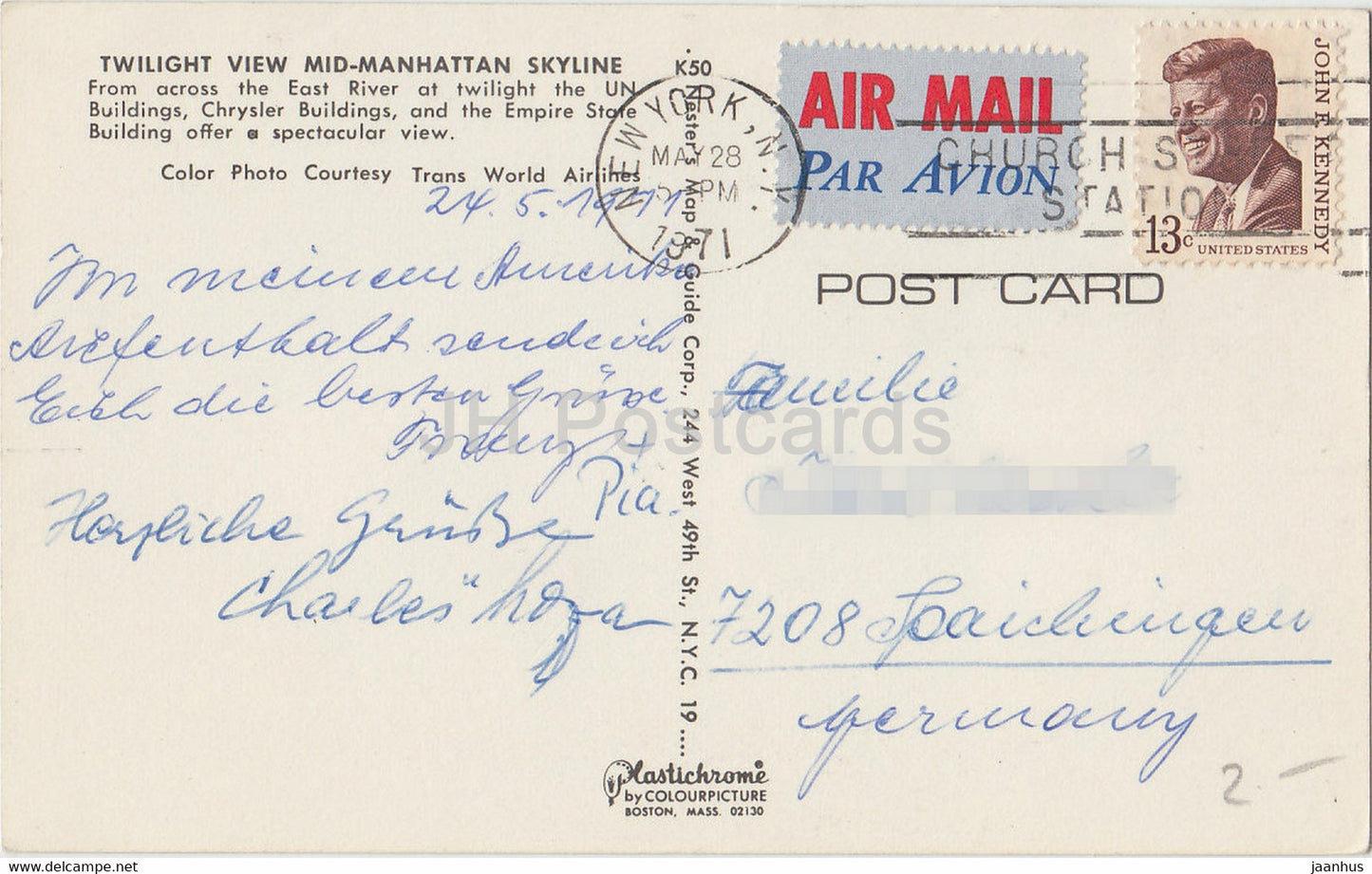 New York City - Twilight View Mid Manhattan Skyline - 1971 - USA - used