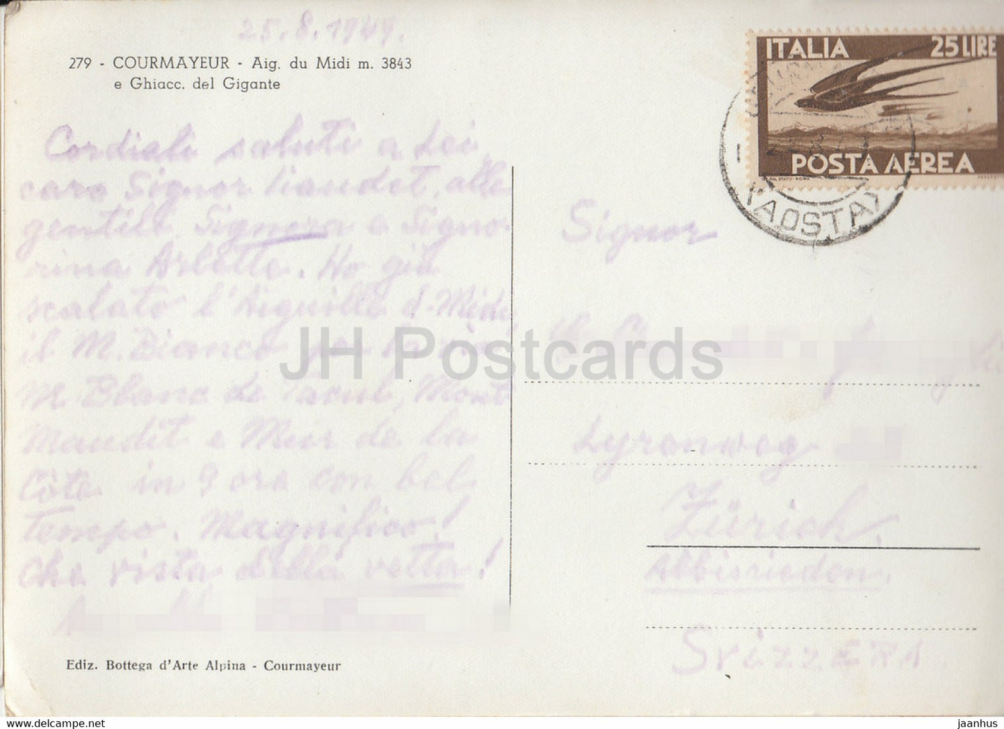 Courmayeur - Aig du Midi 3843 me Ghiacc del Gigante - 279 - alte Postkarte - 1949 - Italien - gebraucht