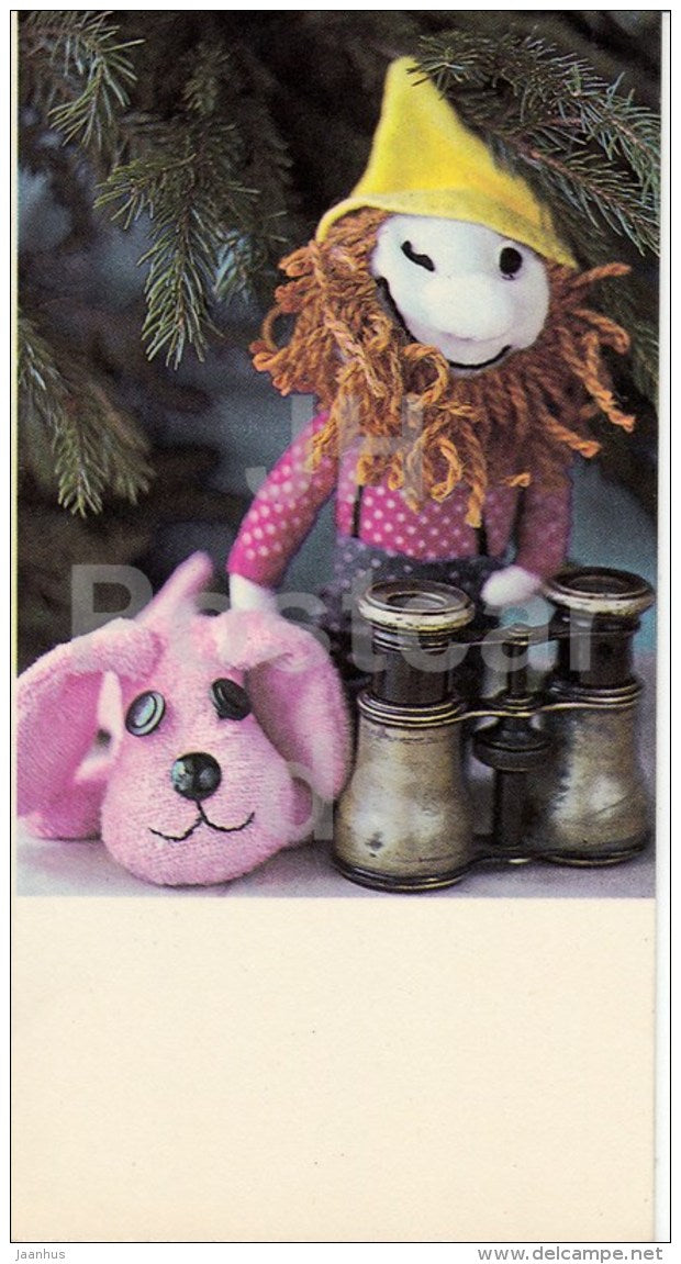 New Year Greeting card - 2 - dwarf - dog - binoculars - 1983 - Estonia USSR - used - JH Postcards