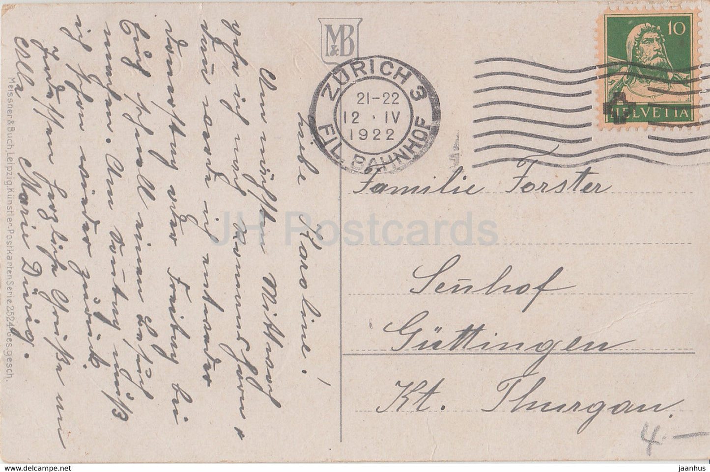 Ostergrußkarte - Herzlicher Ostergruss - Glocken - Blumen - MB 2524 - alte Postkarte - 1922 - Deutschland - gebraucht