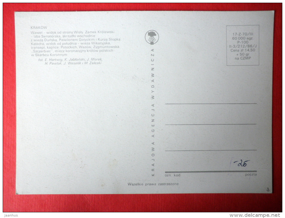 Wawel Royal Castle - Krakow - Poland - unused - JH Postcards