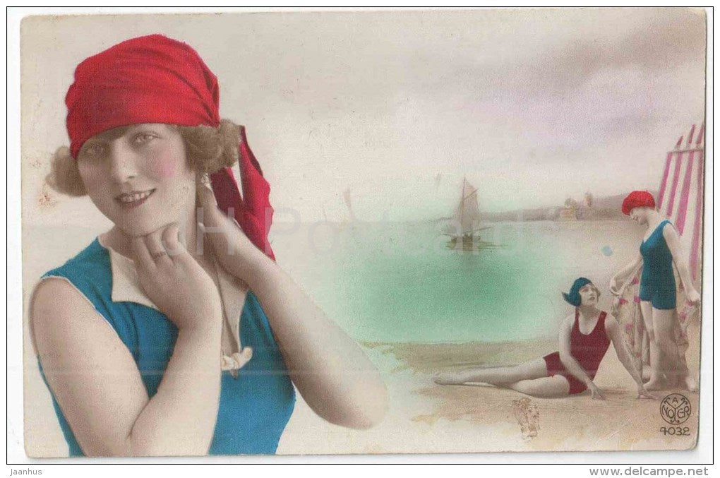 beach - women - ladies - bikini - NOYER 4032 - old postcard - circulated in Estonia - JH Postcards