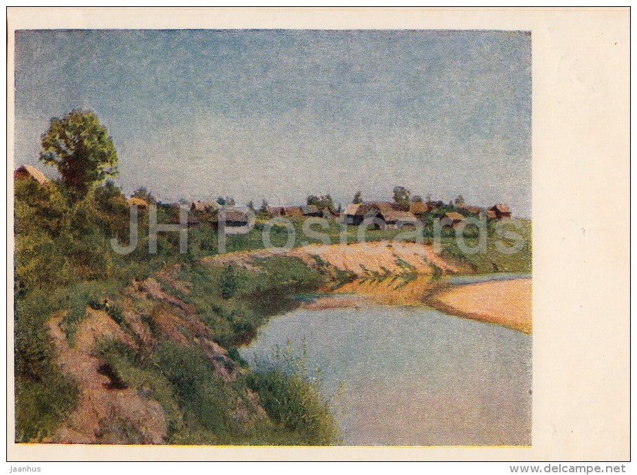 painting by I. Levitan - Village on the bank of the river - Russian art - 1954 - Russia USSR - unused - JH Postcards
