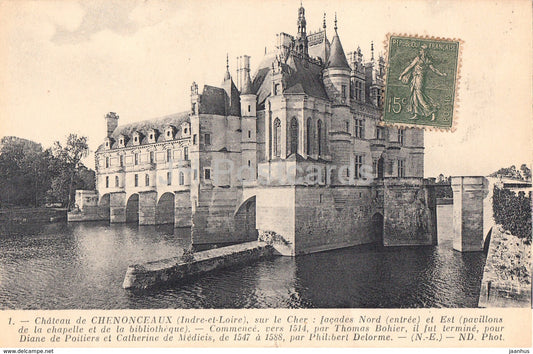 Chateau de Chenonceaux - sur le Cher - facades Nord - castle - old postcard - France - used - JH Postcards
