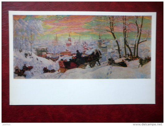 painting by B. Kustodiev , Shrovetide , 1916 - sleigh - horse - russian art  - unused - JH Postcards