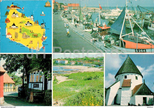 Bornholm - Allinge Sandvig - map - church - port - street - boat - multiview - 6142 - Denmark - used - JH Postcards