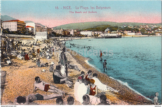 Nice - La Plage - Les Baigneurs - The Beach and Bathers - 15 - old postcard - France - used - JH Postcards