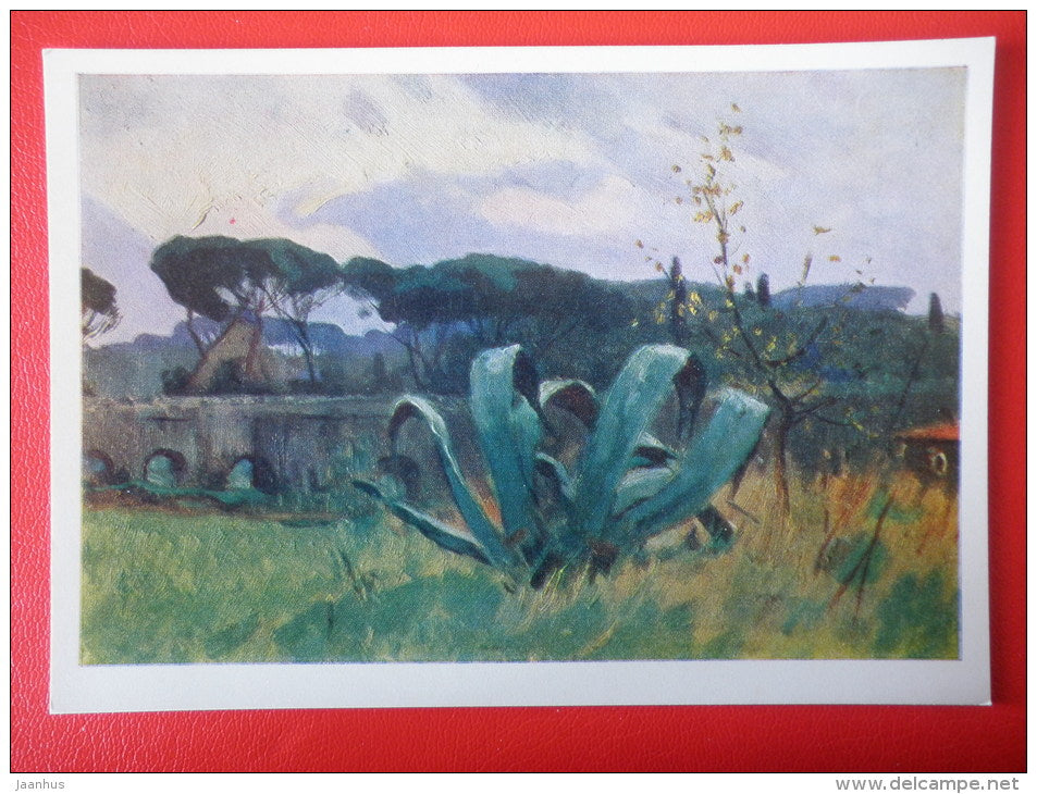 painting by Y. Podliaskiy . Rome . Agave and Pines , 1963 - Italy - russian art - unused - JH Postcards