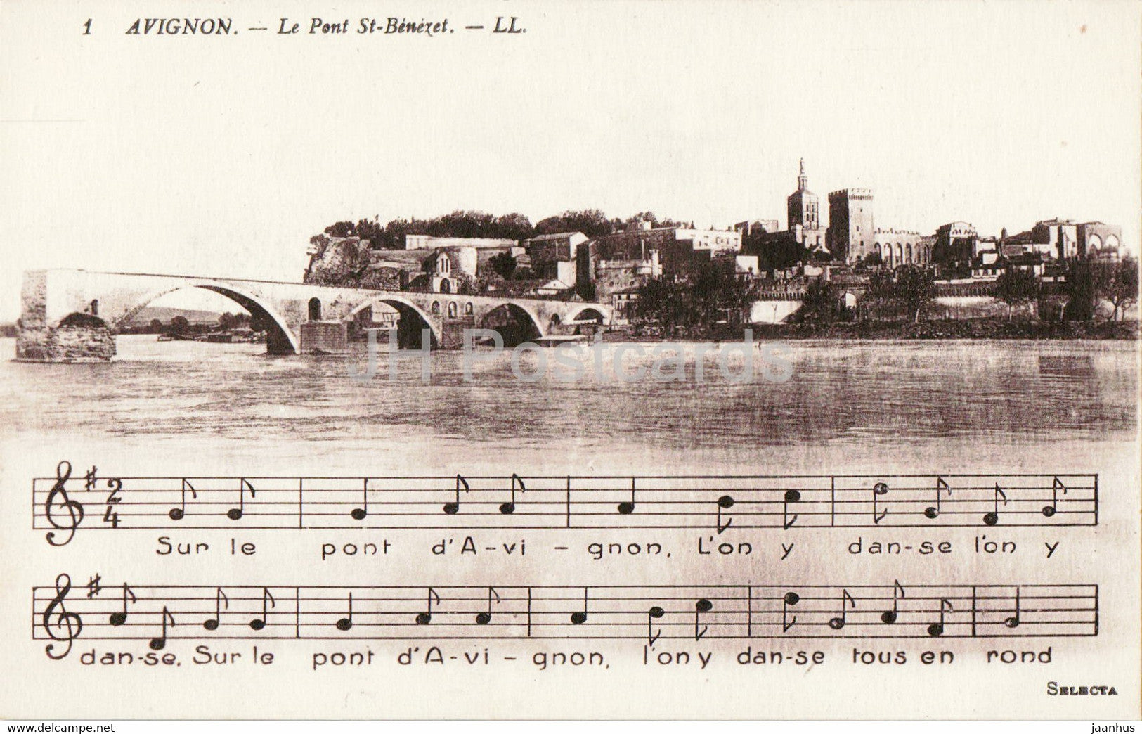 Avignon - Le Pont St Benezet - bridge - lyrics - song - 1 - old postcard - France - unused - JH Postcards