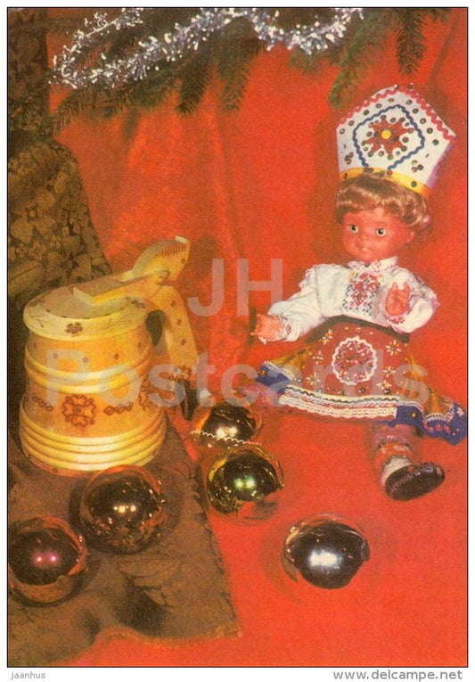 New Year Greeting card - 3 - decorations - beer mug - doll in folk costumes - 1976 - Estonia USSR - used - JH Postcards