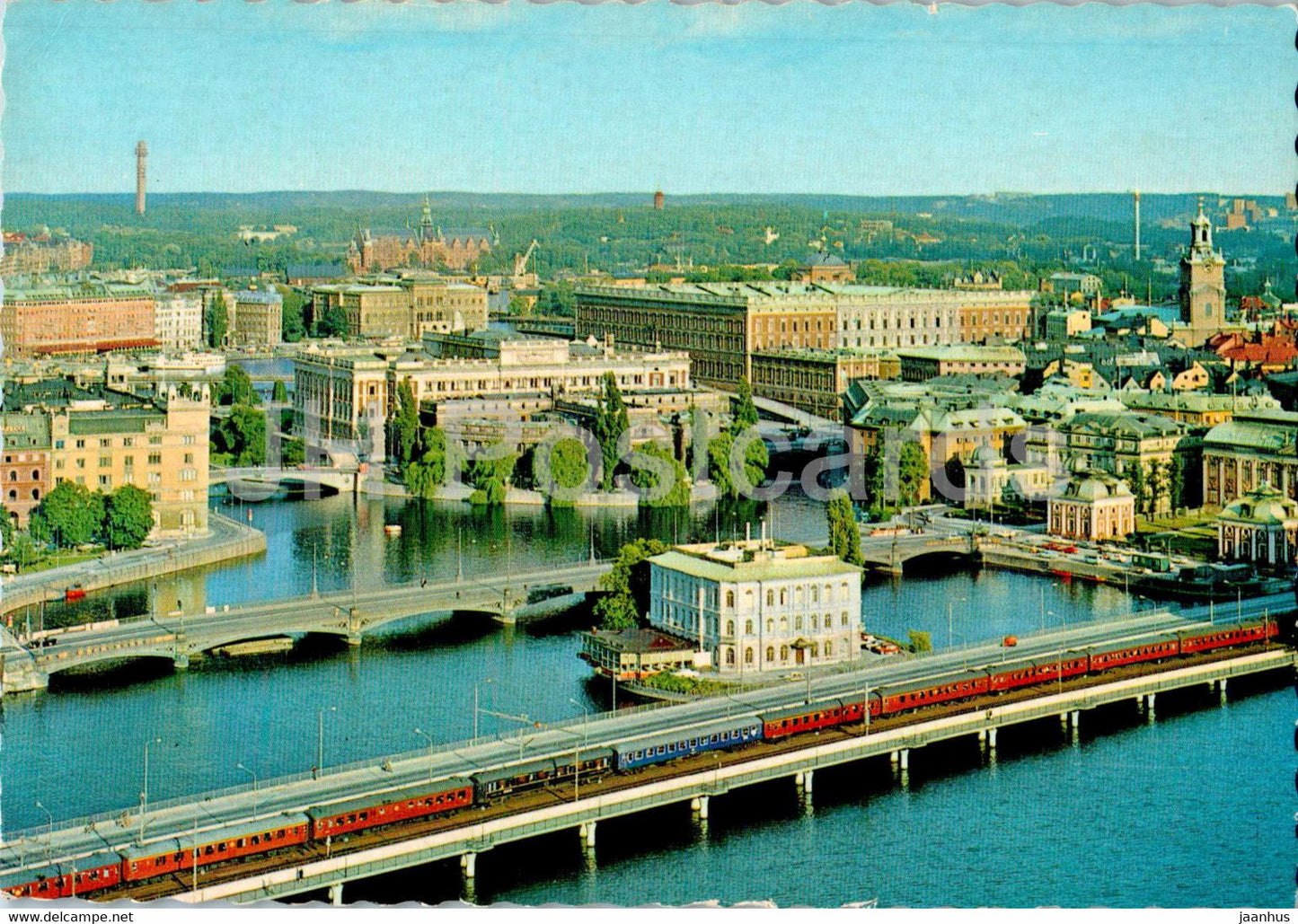Stockholm - Stadshustornet over Kungl Slottet och Riksdagshuset - bridge - train - railway 1982 - Sweden - used - JH Postcards