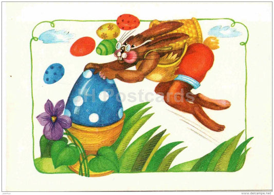 Easter Greeting Card - Ostern - illustration by M. Stolarow - hare - eggs - Germany - unused - JH Postcards