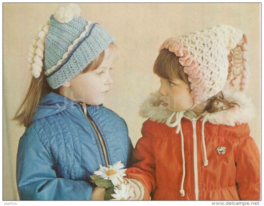 Cap - girls - knitting - children's fashion - large format card - 1985 - Russia USSR - unused - JH Postcards