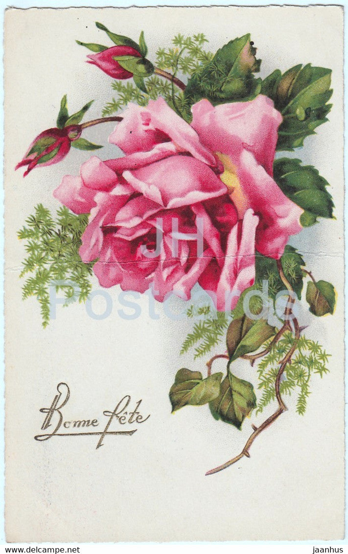 Birthday Greeting Card - Bonne Fete - flowers - roses - 304-1 - illustration - old postcard - France - used - JH Postcards