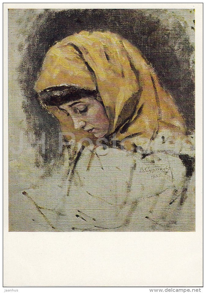 painting by V. Surikov - Head of Boyaryshnia in yellof kerchief , 1885 - Russian art - 1967 - Russia USSR - unused - JH Postcards