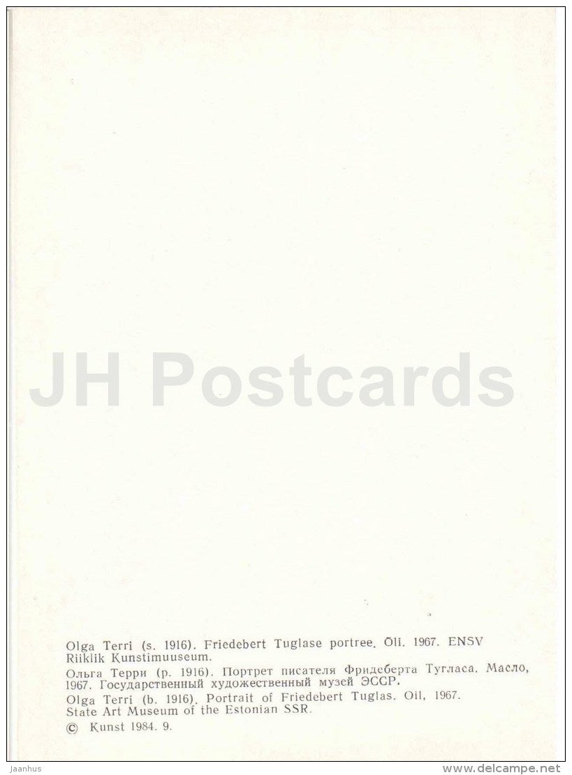 painting by O. Terri - Portrait of writer Friedebert Tuglas , 1967 - estonian art - Estonia USSR - 1984 - unused - JH Postcards