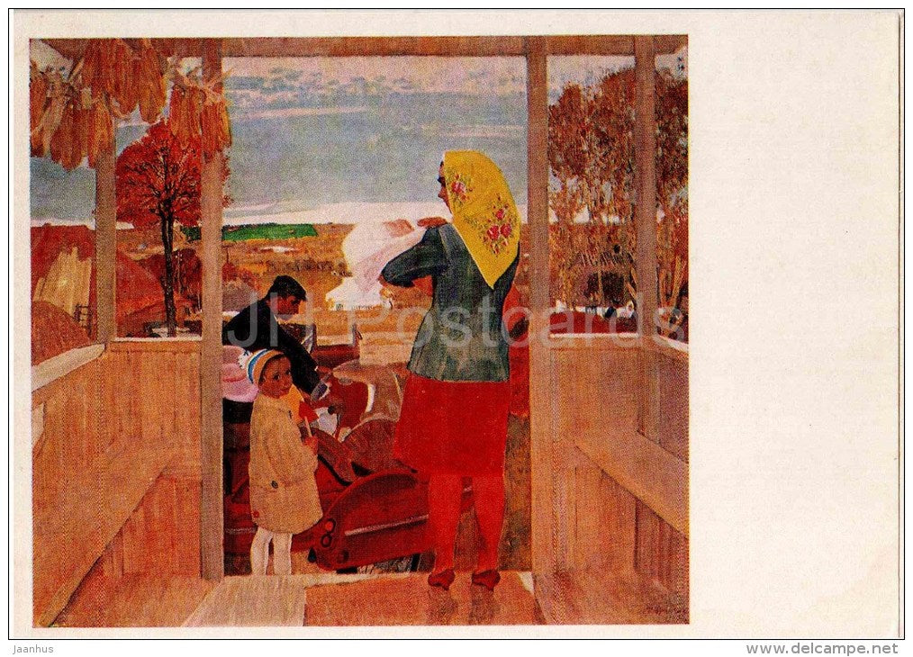 painting by V. Zhuravlyev - Our Holiday , 1967 - family - motorcycle with sidecar - russian art - unused - JH Postcards