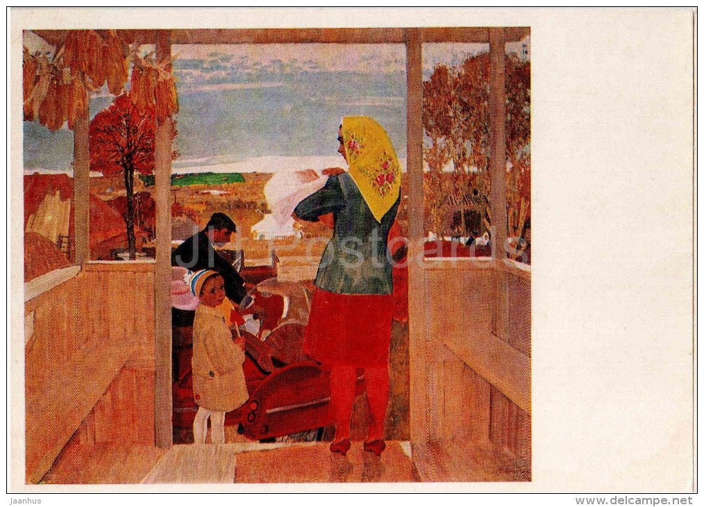 painting by V. Zhuravlyev - Our Holiday , 1967 - family - motorcycle with sidecar - russian art - unused - JH Postcards