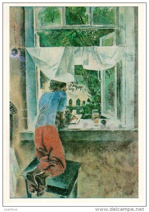 painting by E. Moiseenko - Young Artist , 1970 - boy - window - russian art - unused - JH Postcards