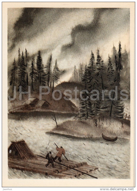 illustration by K. Sokolov - rafting - In the Land of Unfrightened Birds by M. Prishvin - 1979 - Russia USSR - unused - JH Postcards