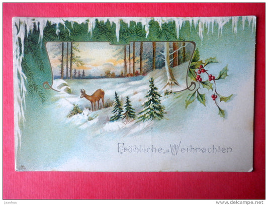 christmas greeting card - forest - deer - SYS - circulated in Imperial Russia Estonia 1907 - JH Postcards