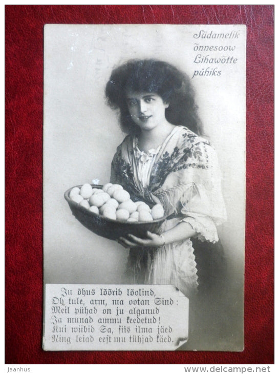 Easter Greeting Card - lady with a basket - eggs - poetry lyrics - circulated in Tsarist Russia , Estonia - used - JH Postcards