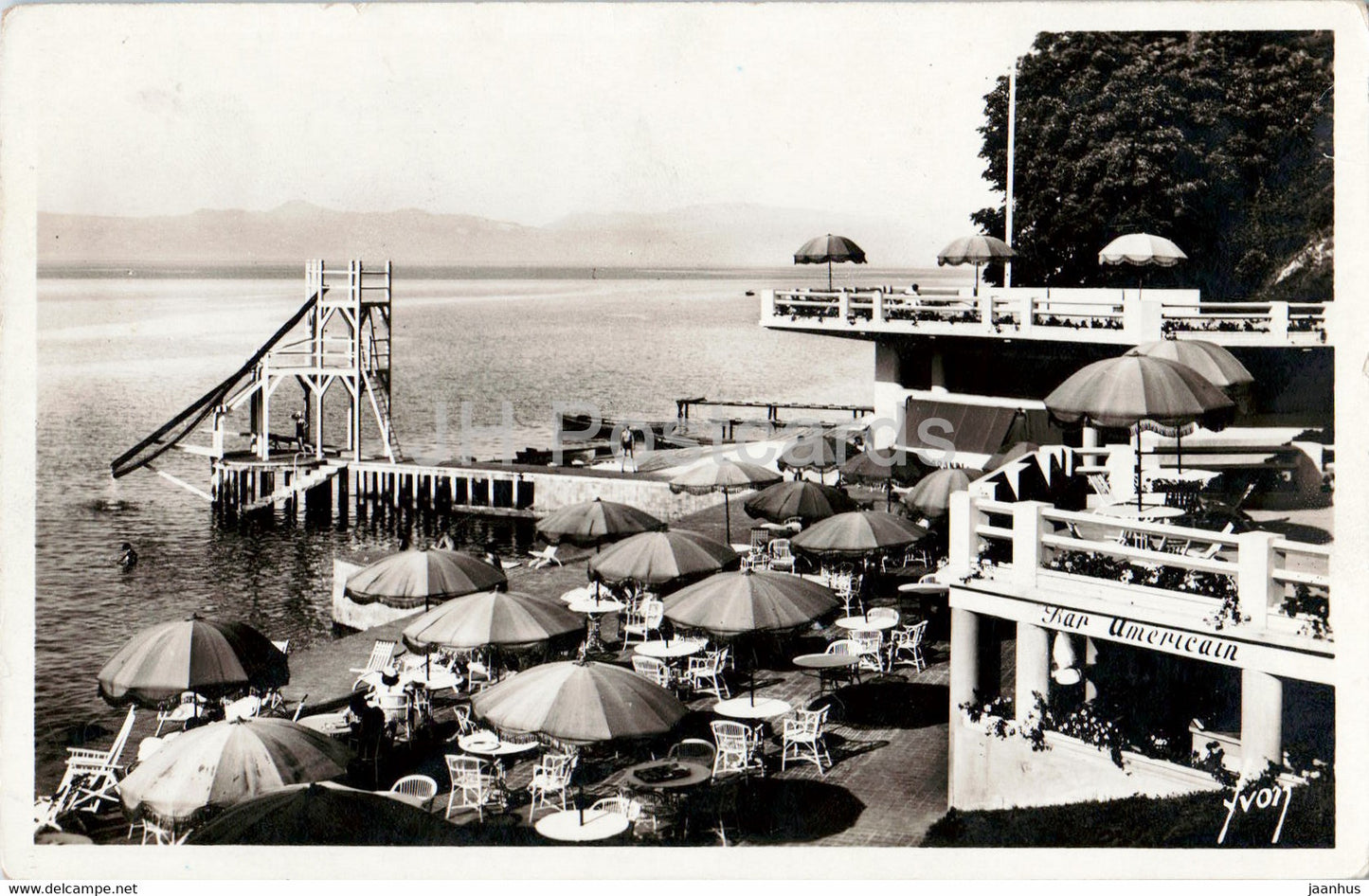Evian Les Bains - La terrasse de la plage - Bar Americain - 1169 - old postcard - France - used - JH Postcards